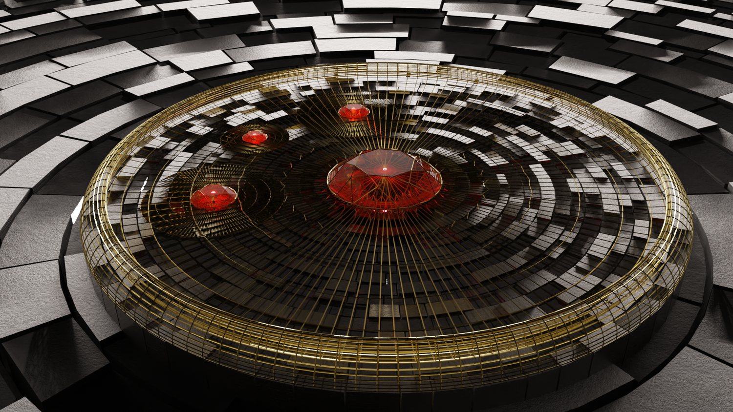 Circular gold lattice arena set with red gems, surrounded by tiled monochrome panels